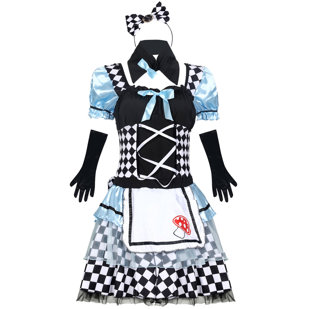 Alice Maid Vampire Clown Lolita Costume for Women, front view on a white background