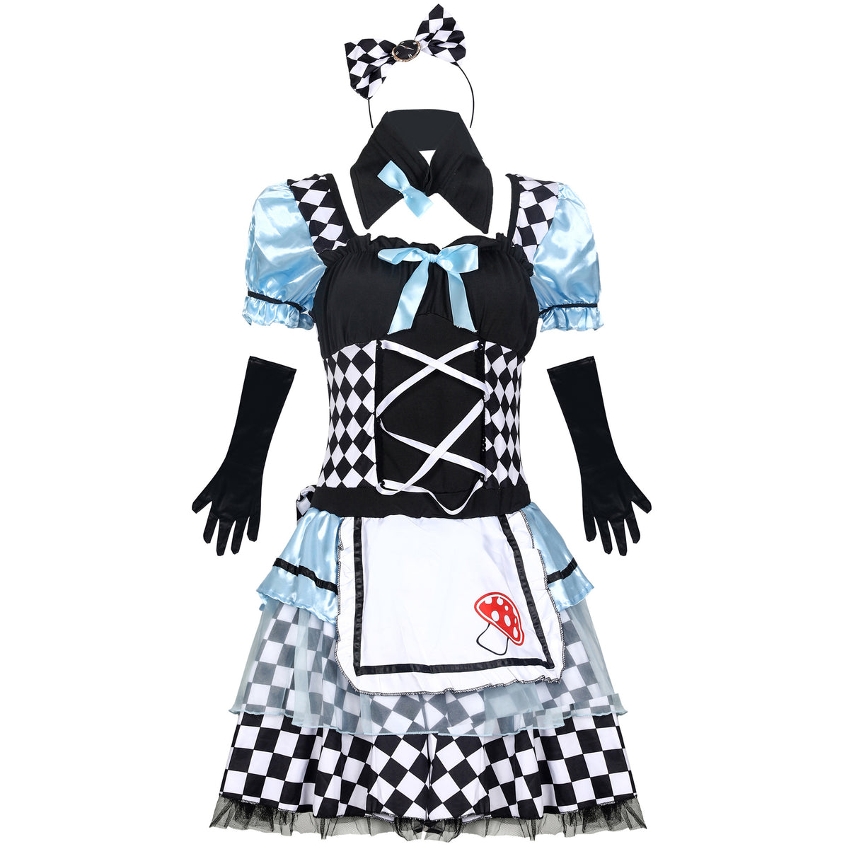Alice Maid Vampire Clown Lolita Costume for Women, front view on a white background