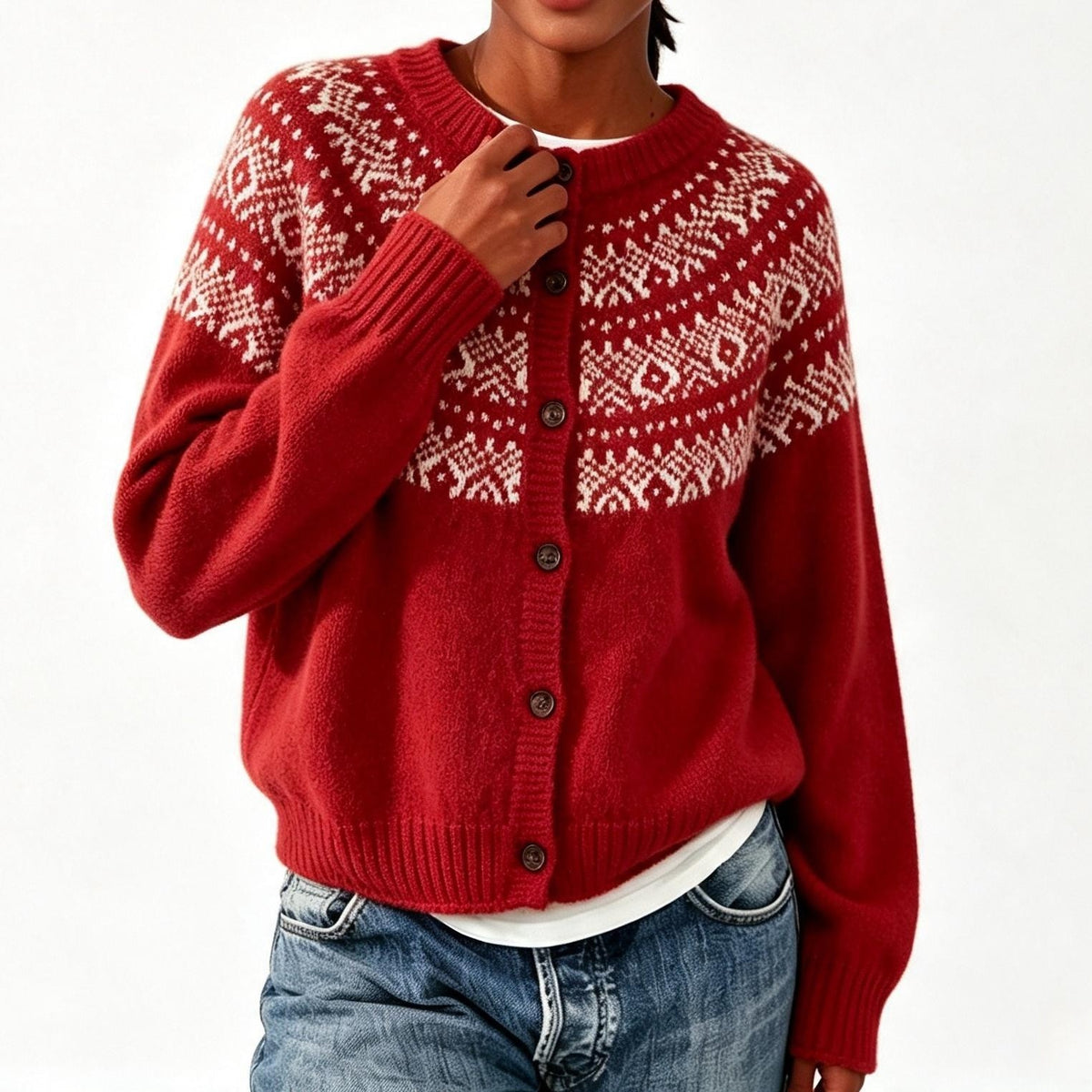 Round neck button Christmas sweater