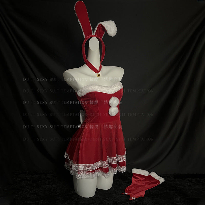 Christmas Bunny Costume Women Adult Velvet Dress Holiday Stage Outfit – photo 2