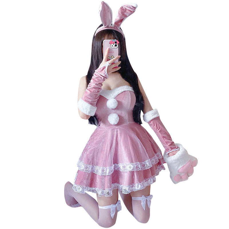 Christmas Bunny Maid Costume for Women, front view on a white background