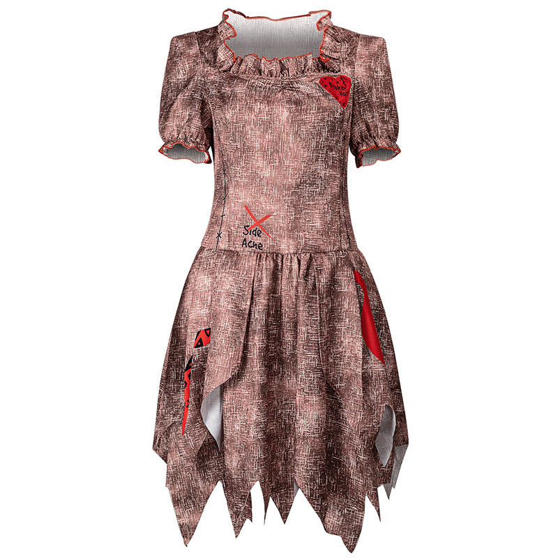 Evil Doll Ghost Bride Clown Costume for Kids and Adults, front view on a white background