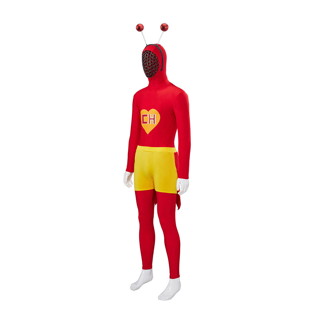 Red Grasshopper Superhero Costume for Adults, product photo 2 on a white background