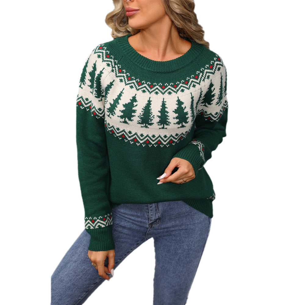 Christmas sweater round neck jacquard Christmas tree green sweater for women