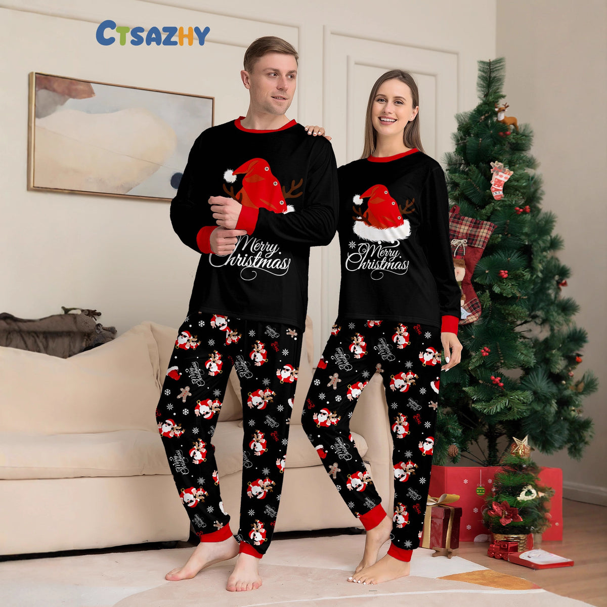 Family Christmas Matching Outfits  Black Pajamas with Reindeer Antler Letter Print and Santa Hat