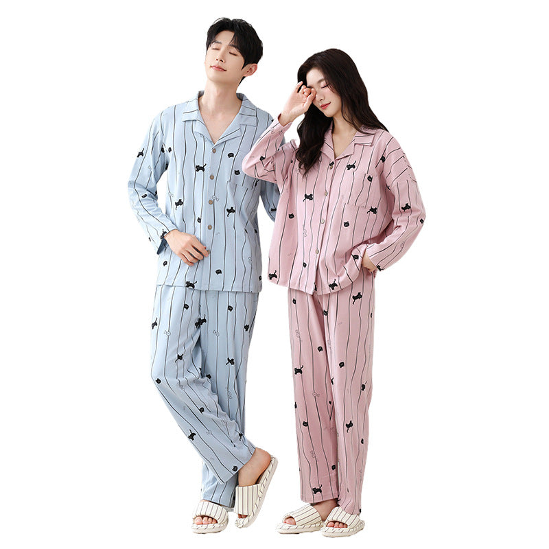 Two piece set of couple pajamas, lapel collar, couple home clothes