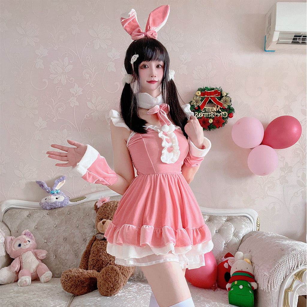 Christmas Pink Sexy Dress Costume for Women, Halloween Cosplay Bunny Costume, TikTok Style