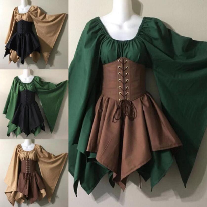 Adult Women Medieval Elf Fairy Elven Costume Wench Celtic Princess Dress Lace Up Waist Cincher Corset Set Halloween Party Dress