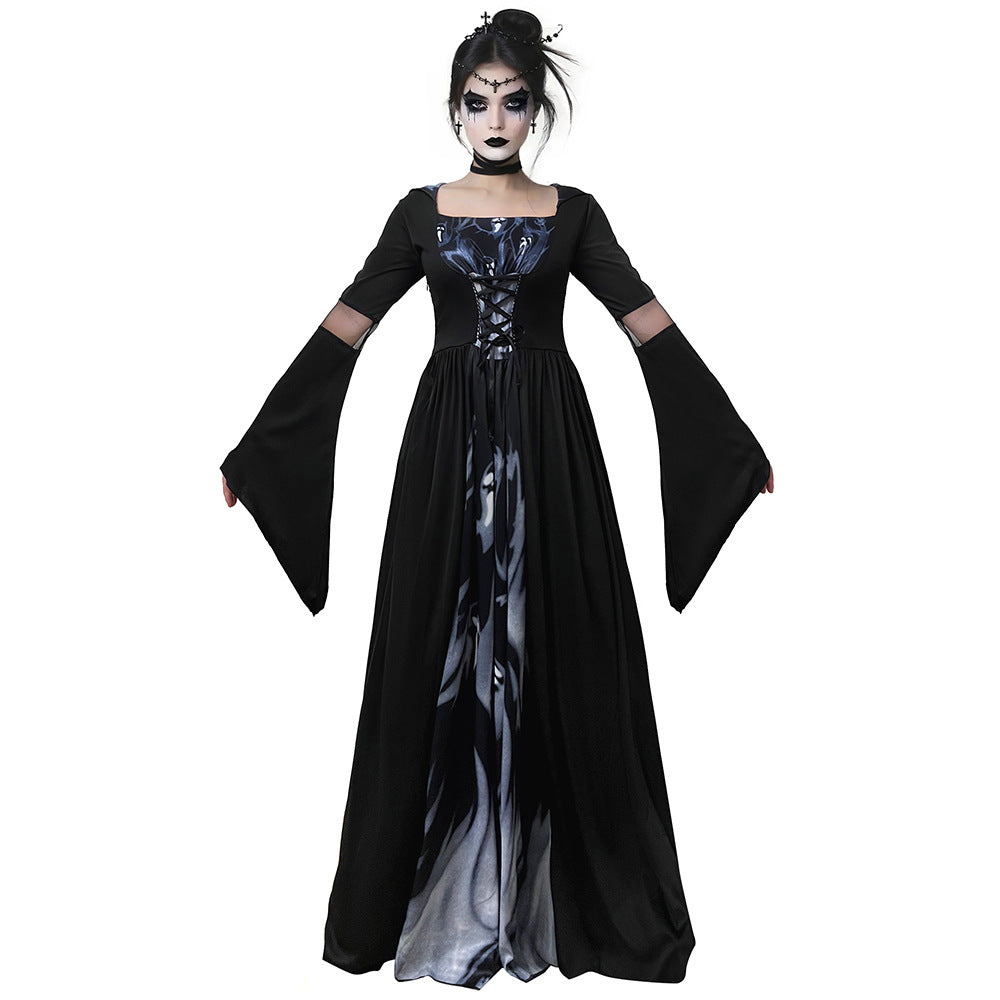 Hooded Skull Witch Wizard Dress for Women, product photo 4 on a white background