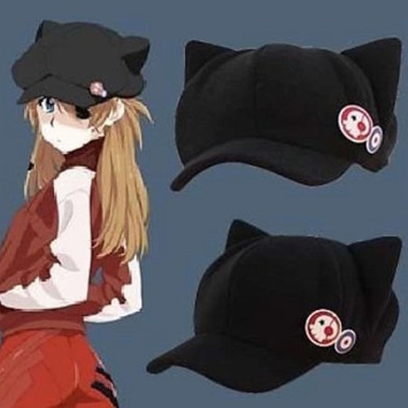 Japanese Anime Neon Genesis Evangelion EVA Asuka Langley Soryu Cosplay Cat Ears Hat Polar Fleece Plush Cap With Badges