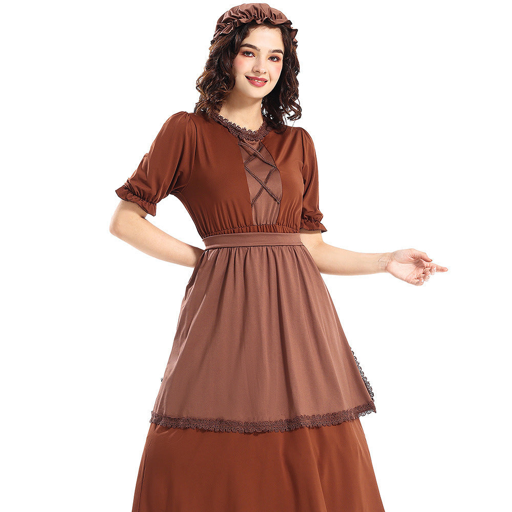 Colonial Pioneer Costume Deep Brown WolfCosplay Granny Maid Outfit with Lace