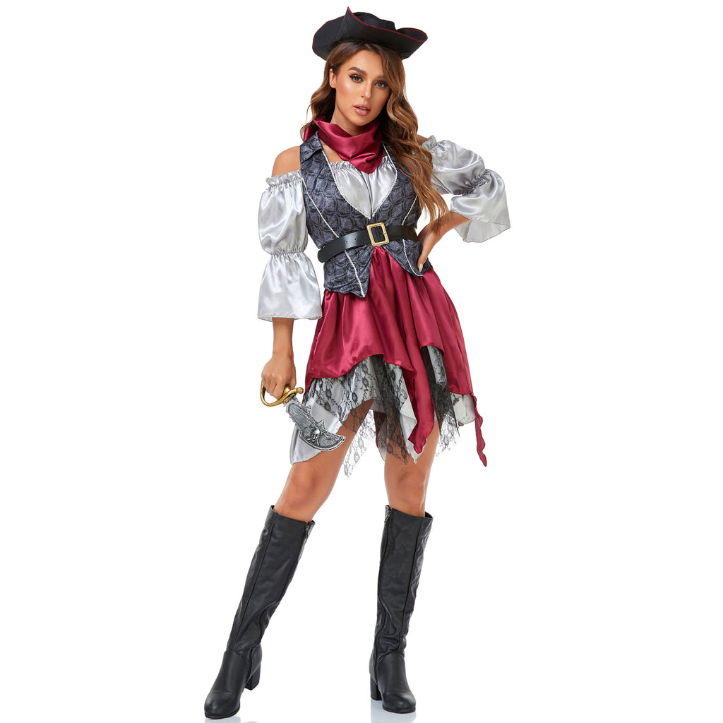 Caribbean Pirate Costume for Women, front view on a white background