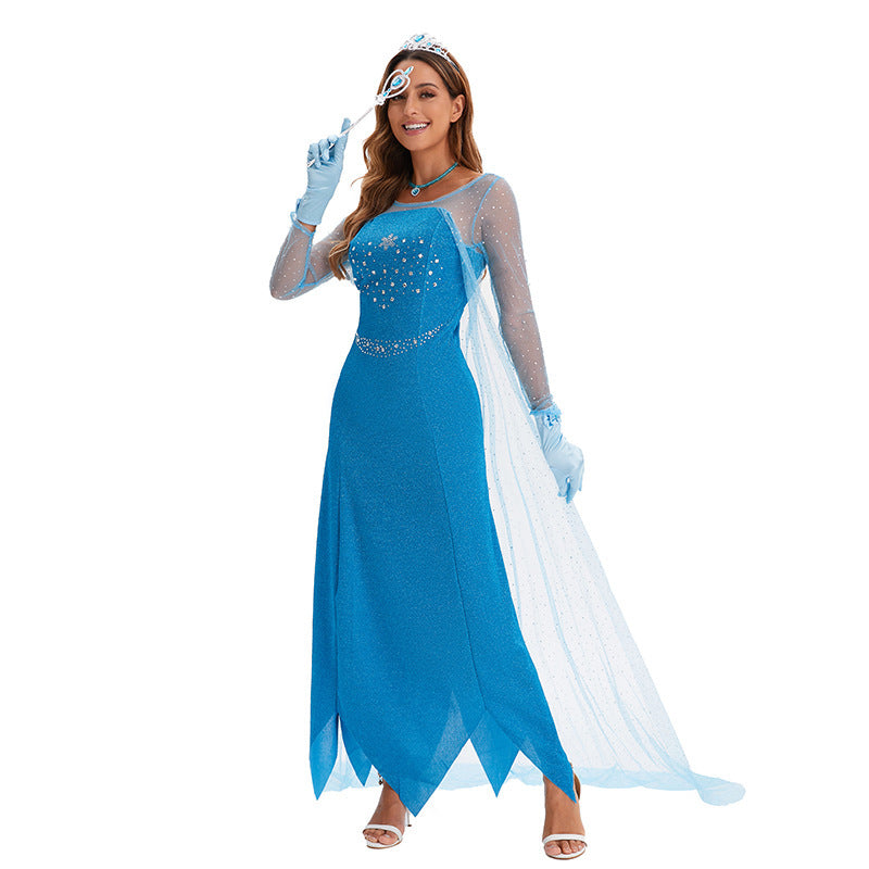 Frozen Elsa Costume Women Adult Blue Princess Dress Snow Queen Halloween Cosplay