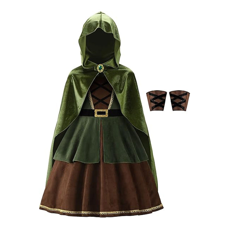 Medieval Hooded Cloak for Kids, front view on a white background