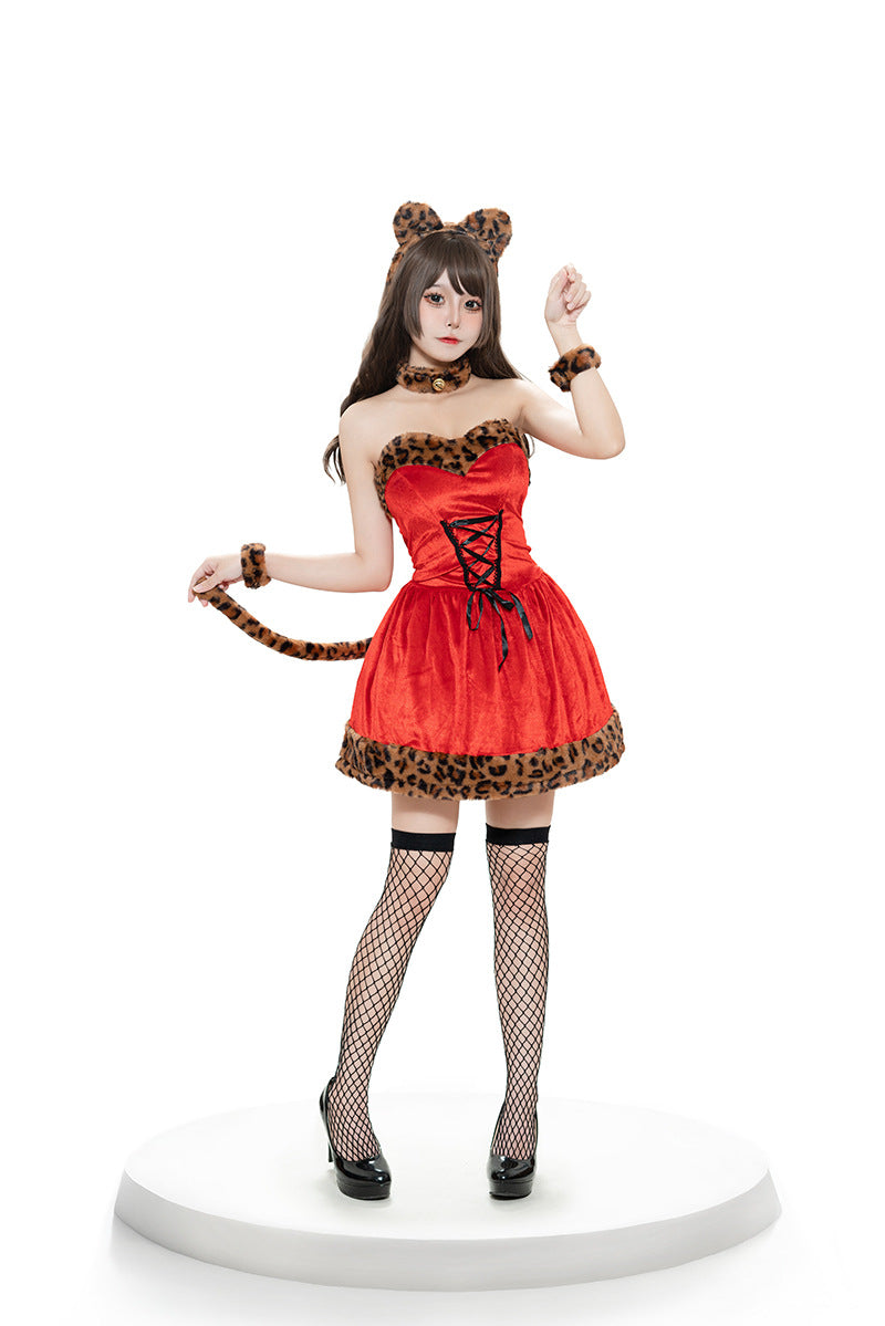Christmas Cat Costume Women Leopard Print Dress Set Holiday Outfit – photo 3