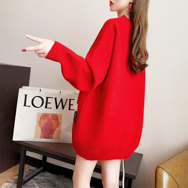 Christmas red women's mid length pullover sweater
