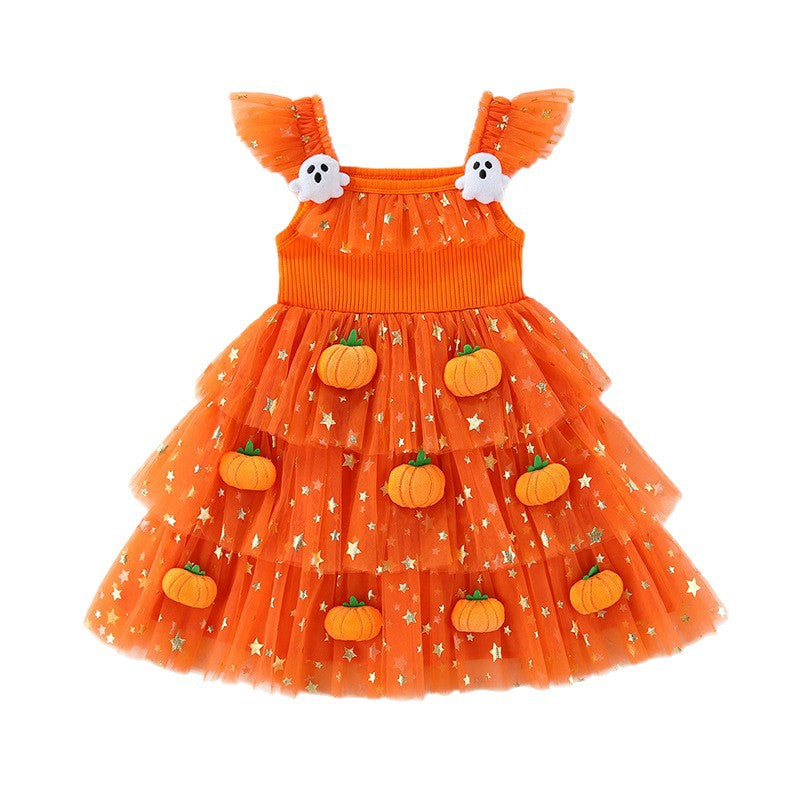 Pumpkin Ghost Lace Dress for Girls, front view on a white background