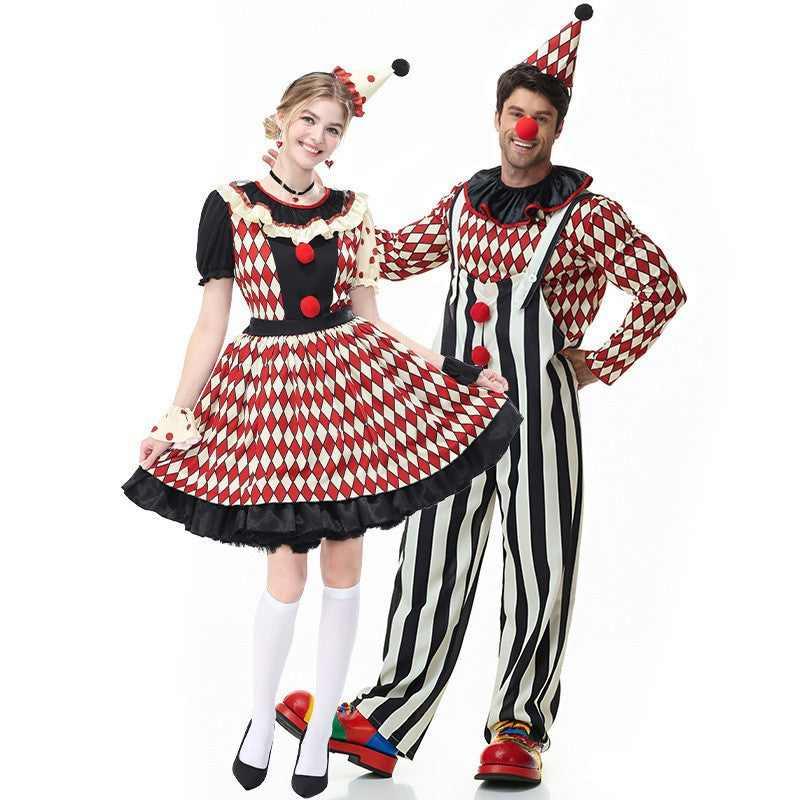 Checkered Clown Couple Costume for Kids and Adults, front view on a white background