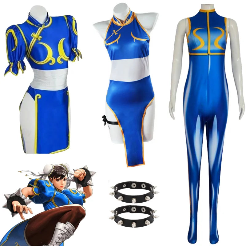 Chun-Li Cosplay Costume Women Blue Cheongsam Dress Street Fighter Halloween