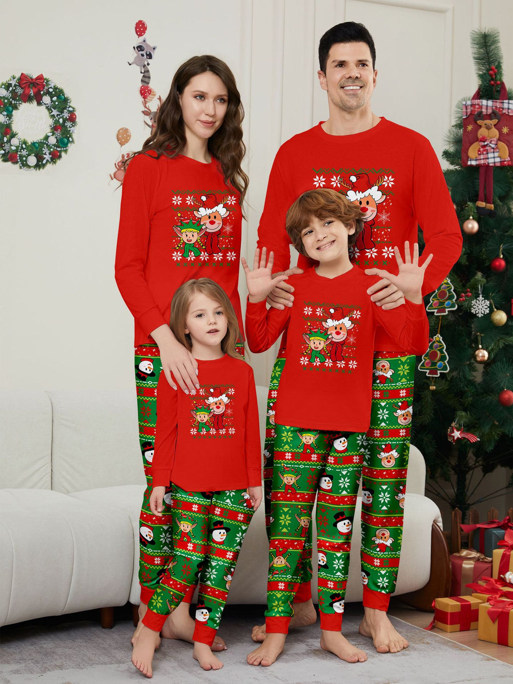 Deer Snowman Stripe Christmas Family Matching Printed Loungewear Pajamas