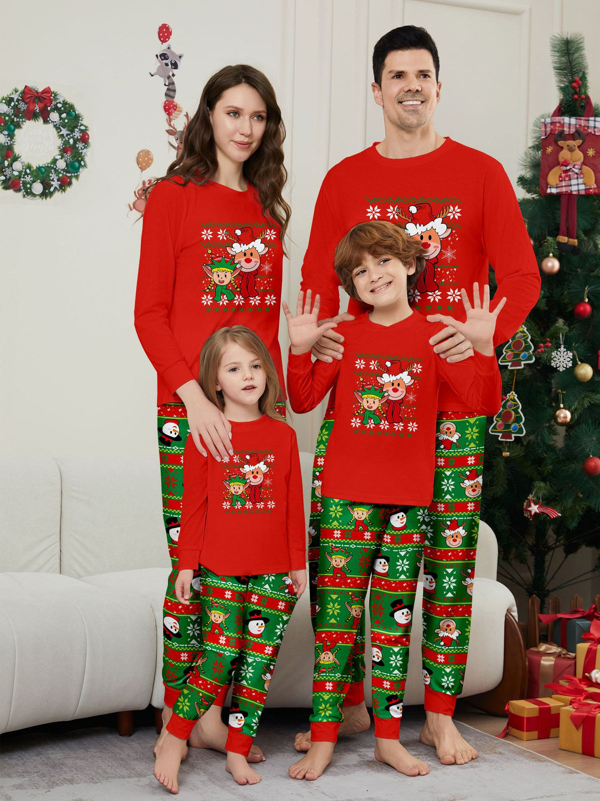 Deer Snowman Stripe Christmas Family Matching Printed Loungewear Pajamas