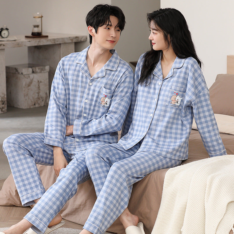 Two piece set of couple pajamas, lapel collar, couple home clothes