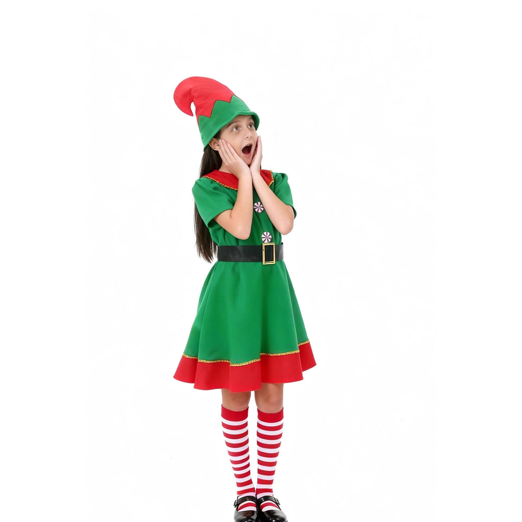 Christmas Elf Costume for Girls, front view on a white background