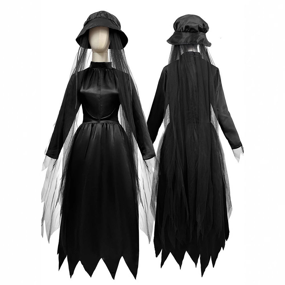 Death Goddess Witch Devil Costume for Women, front view on a white background