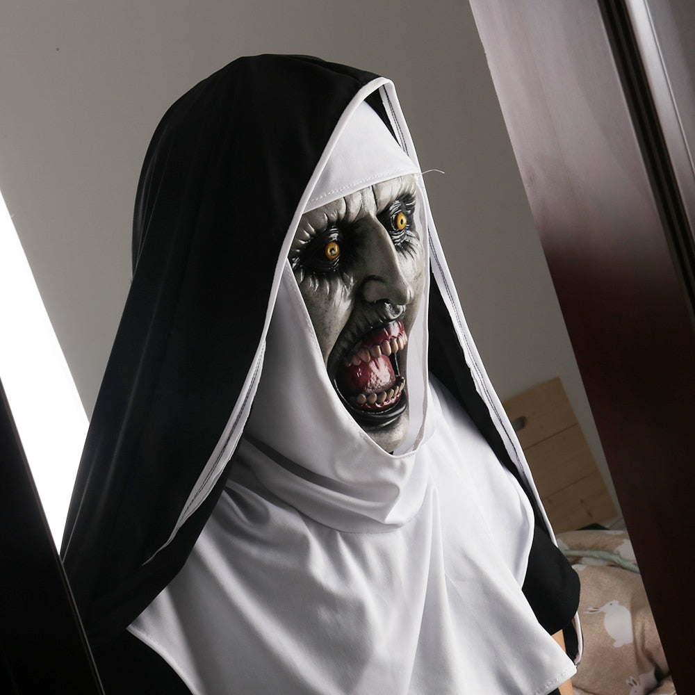 Demon Nun Horror Latex Mask, costume photo 2