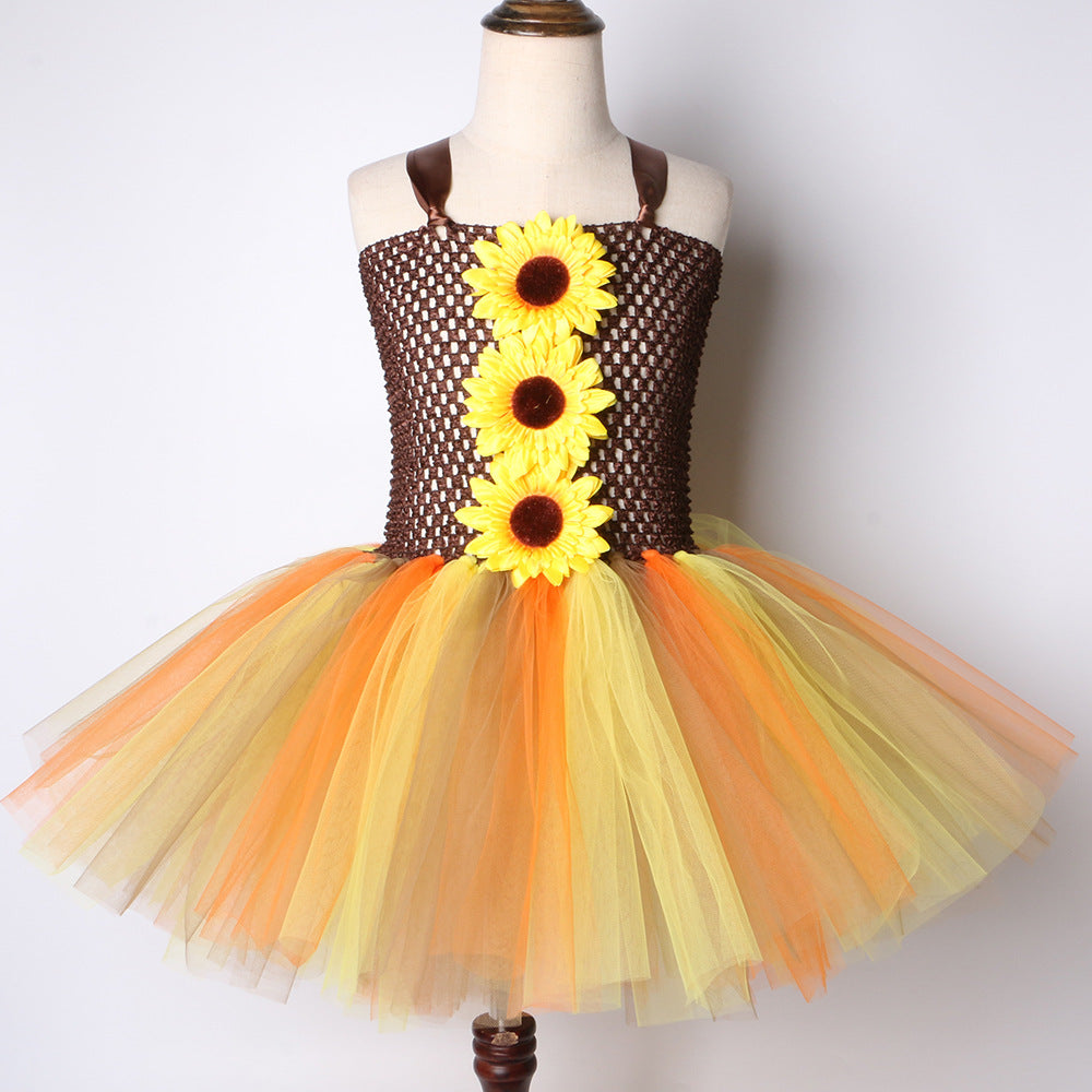 Sunflower Mesh Children's Dress Princess Tutu Dress Halloween Party Scarecrow