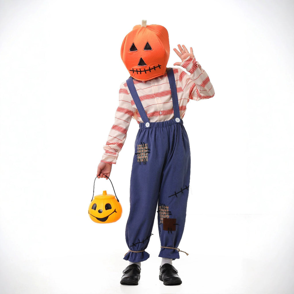 Pumpkin Zombie Scarecrow Overalls Costume for Kids and Adults, front view on a white background