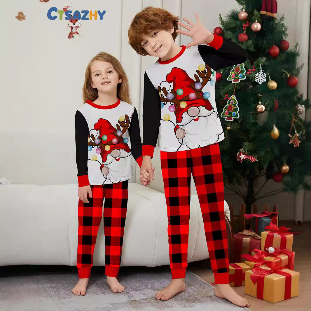 Christmas Santa Hat Plaid Printed Home Wear Pajamas Family Matching Set