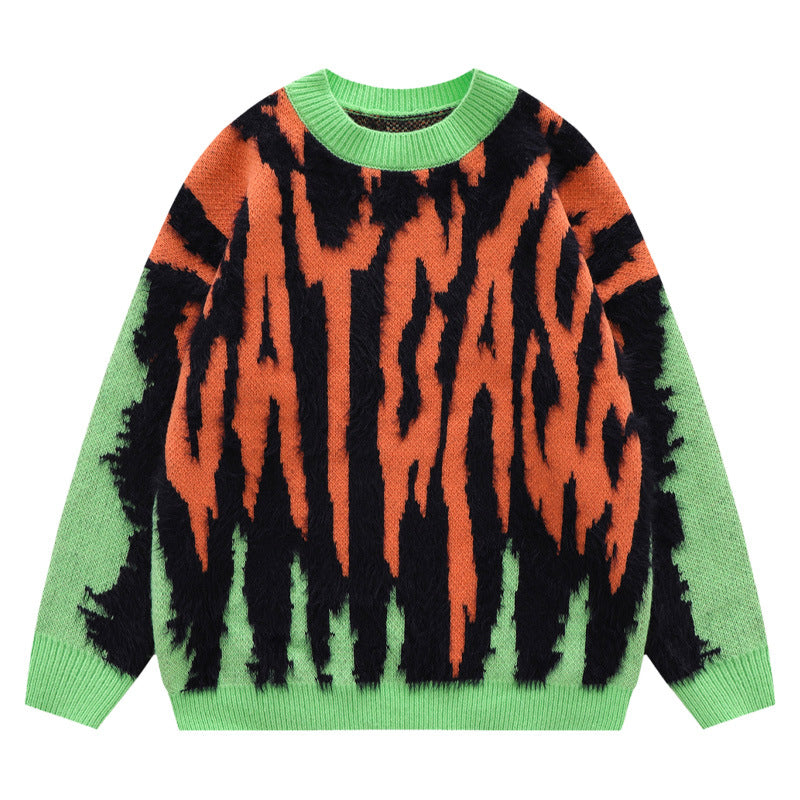 Harajuku Vintage Green Orange Knitted Sweater Men's Street Oversized Jumper Pullover Thick Sweater Grandpa Ugly Sweater Women's