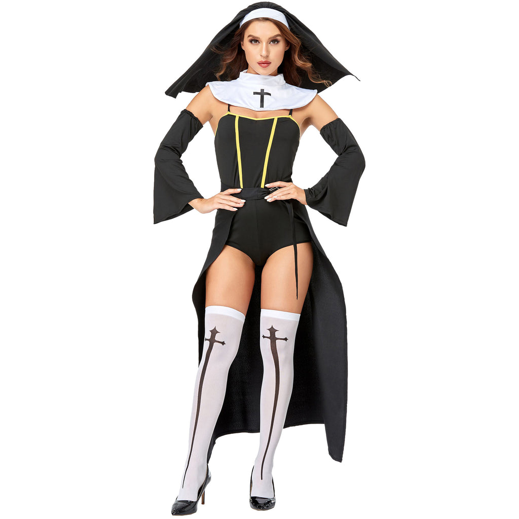 Nun Costume Women Halloween Cosplay Role Play Black Habit Dress