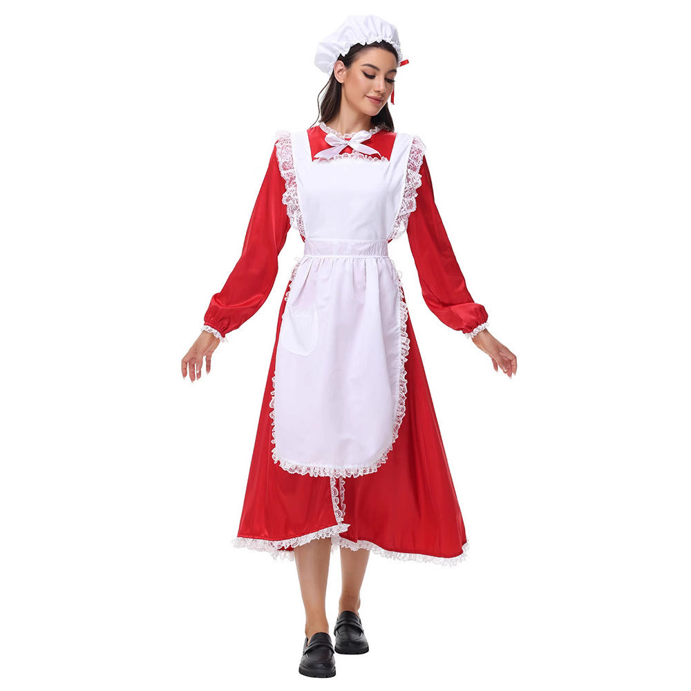Christmas Maid Costume Women Red Long Dress Holiday Cosplay