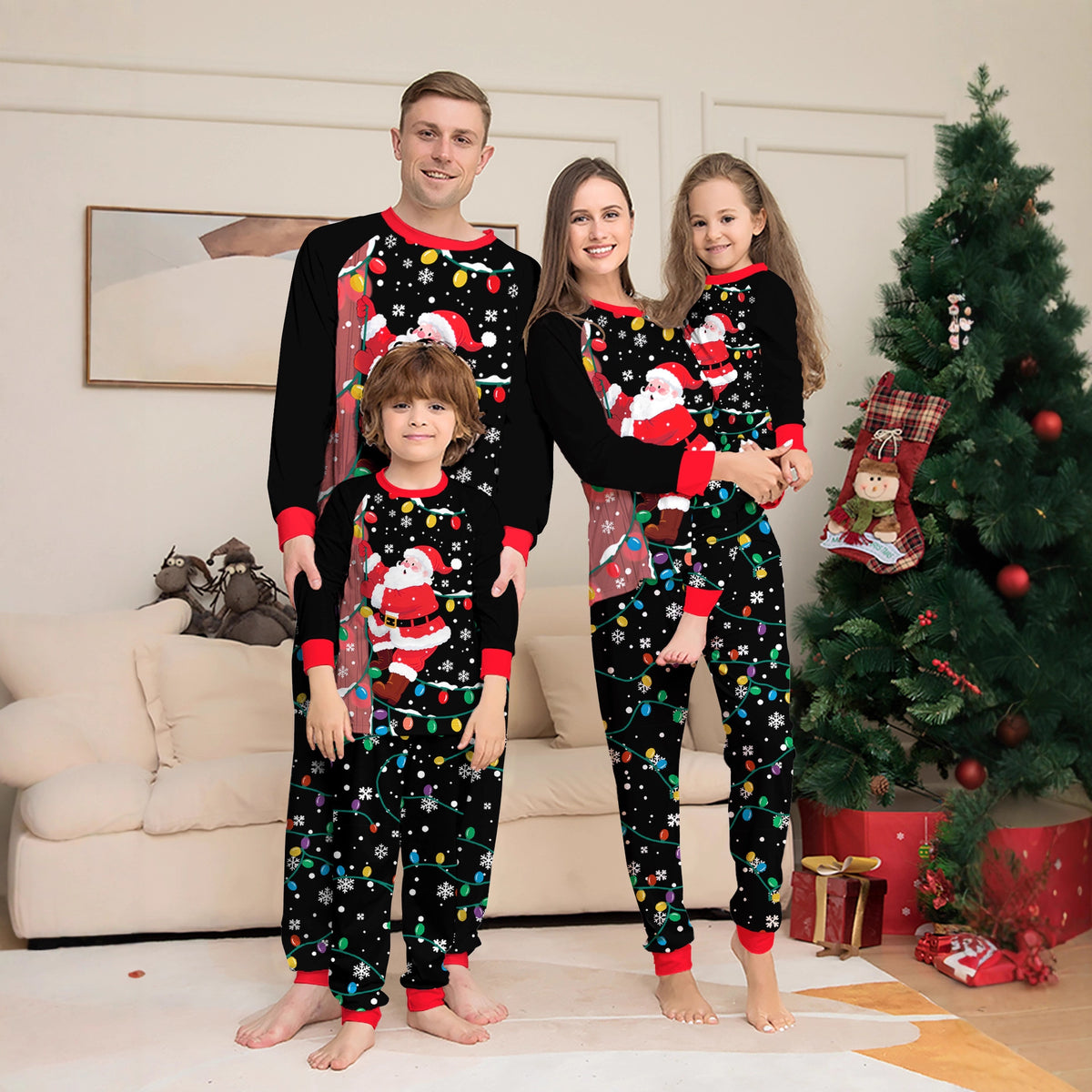 Family Christmas Pajamas  Black Printed Home Wear with Light-Up Design, Matching Parent-Child Outfits