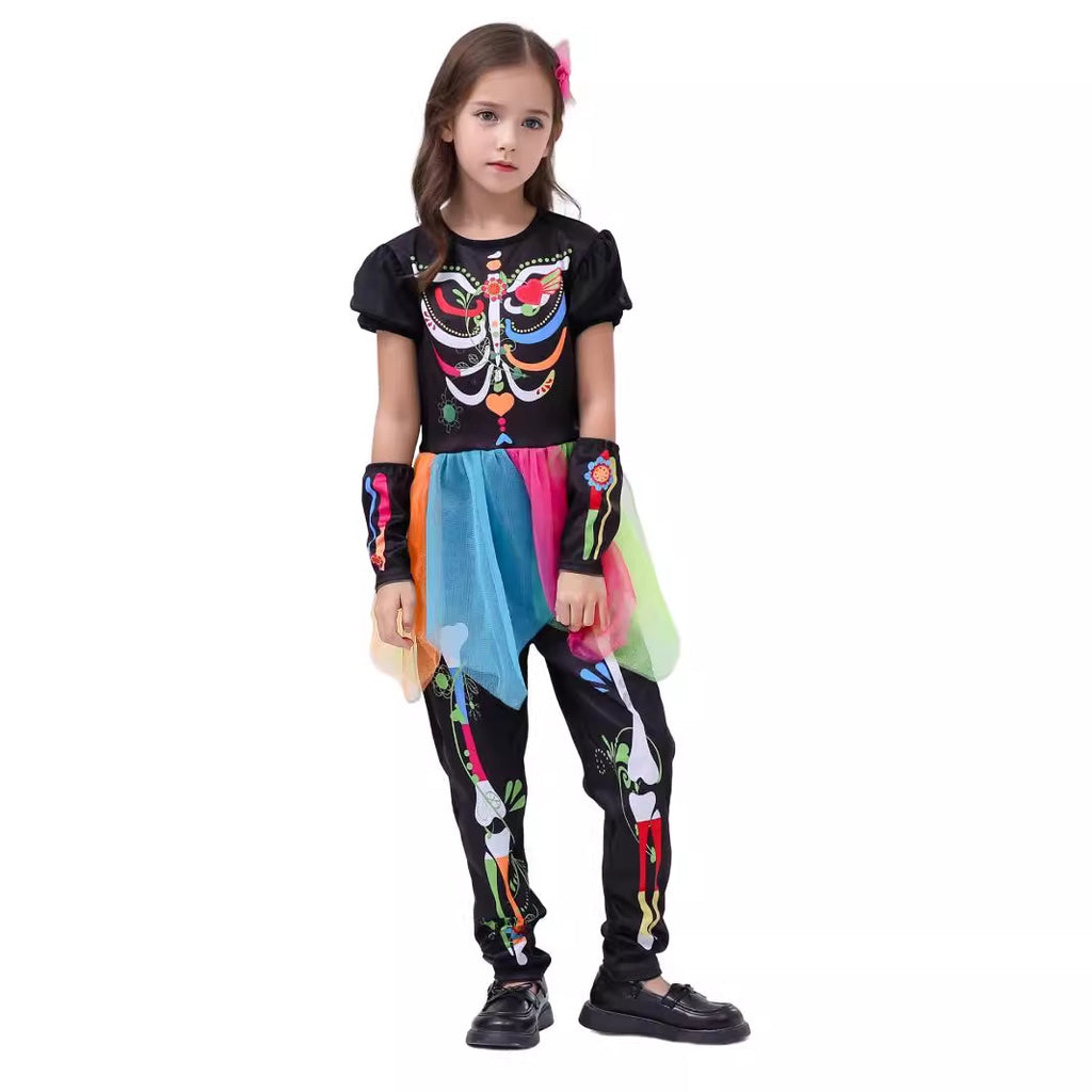 Day of the Dead Skeleton Princess Costume for Girls, product photo 3 on a white background