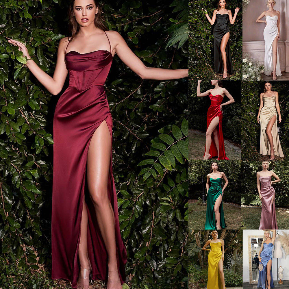Fitted Evening Dress for Christmas Party High Waist Slit Satin Dress