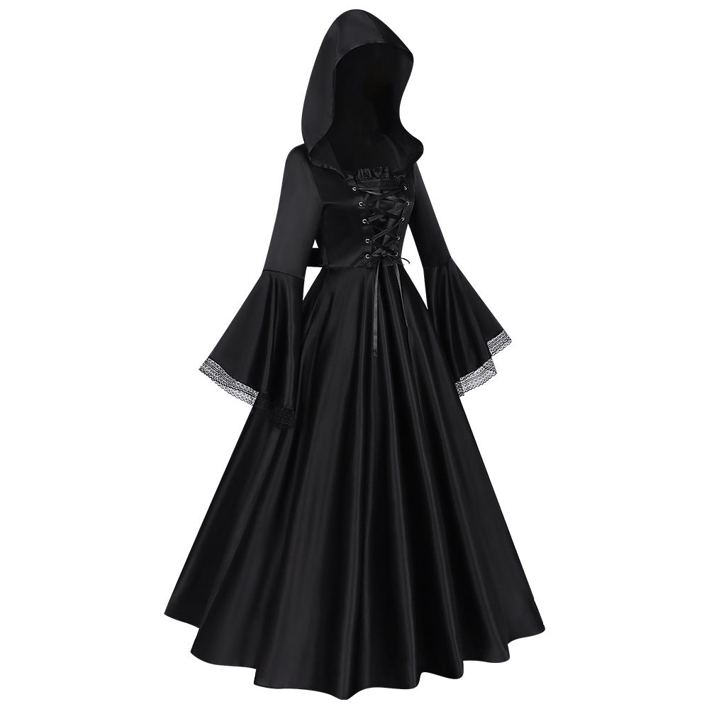 Gothic Medieval Witch Hooded Dress for Women, product photo 2 on a white background