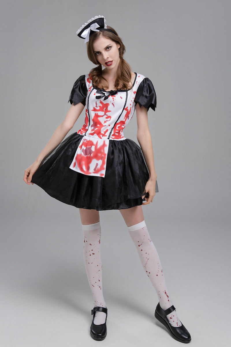 Horror Print Costume Women Halloween Cosplay Dance Outfit – Black