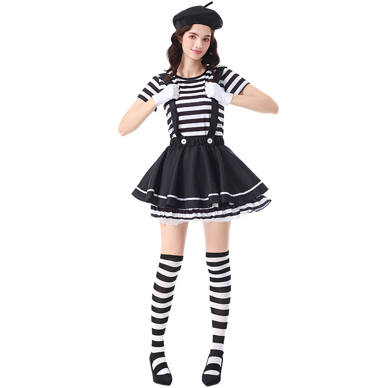Striped Mime Clown Costume for Women, product photo 4 on a white background