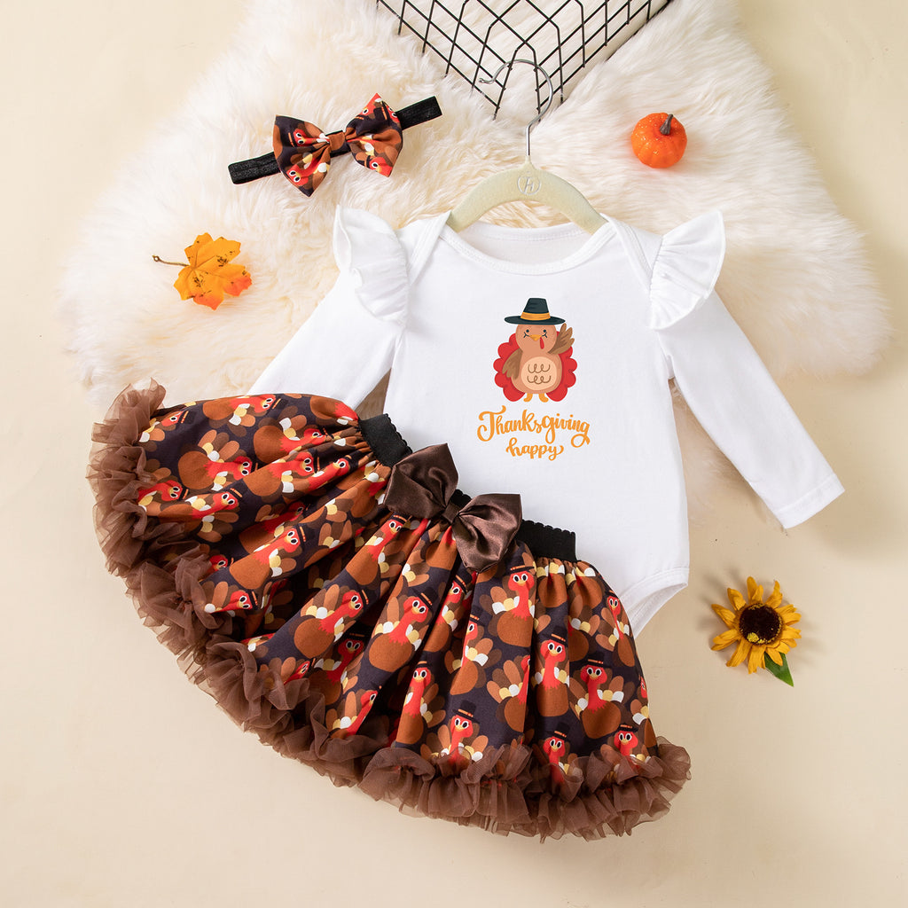 Children's Clothing Thanksgiving Girls Baby Dress Set Cartoon Turkey Long
