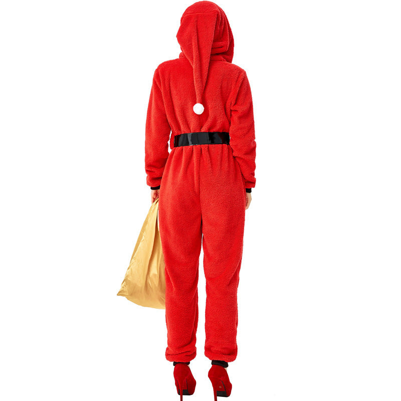 Adult women's red Christmas hooded jumpsuit Santa Claus