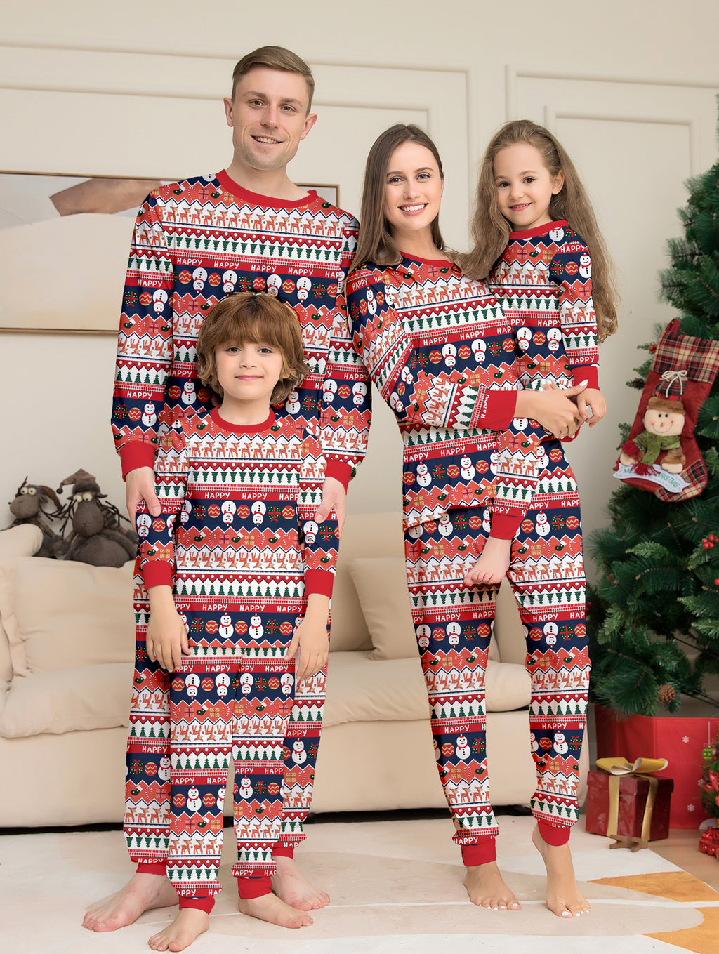 Christmas Family Matching Pajamas Snowman Deer Print Full Floral Home Wear Couple Sleepwear Set