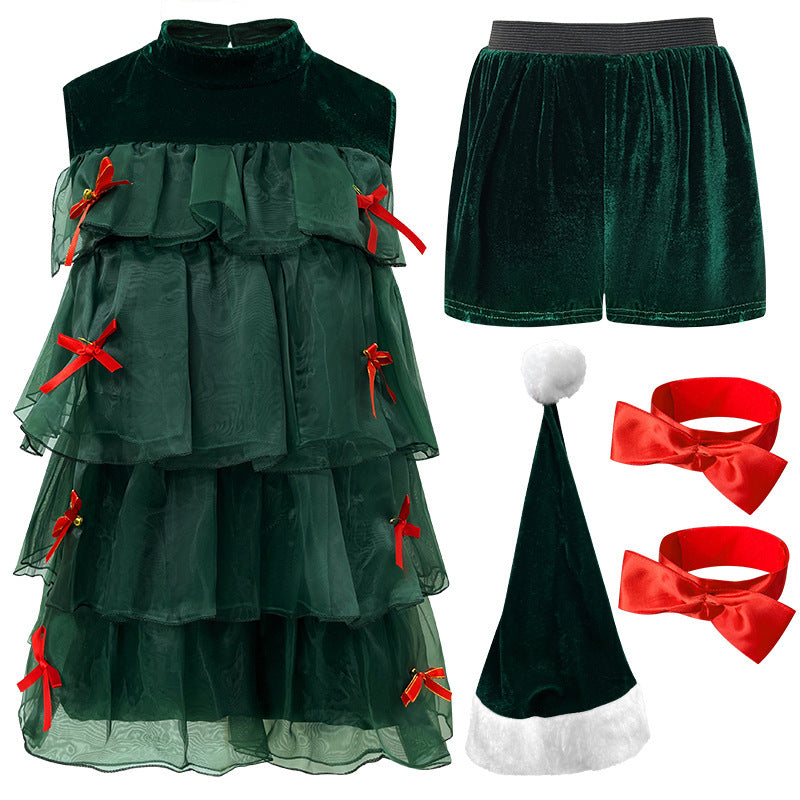 Christmas Sleeveless Green Cake Dress Cosplay Christmas Tree Festival Party Performance Costume Stage Wear for Women