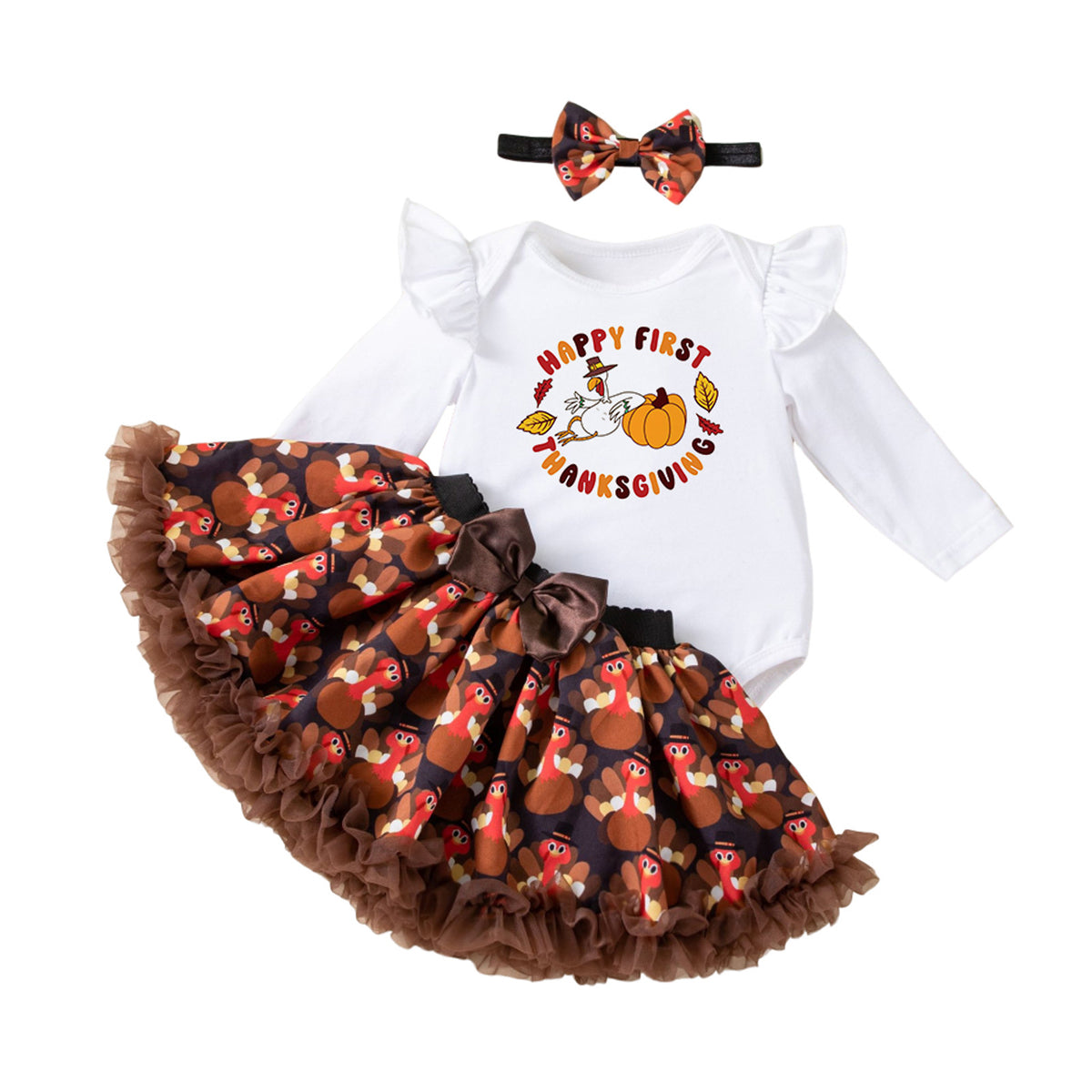 Children's Clothing Thanksgiving Girls Baby Dress Set Cartoon Turkey Long