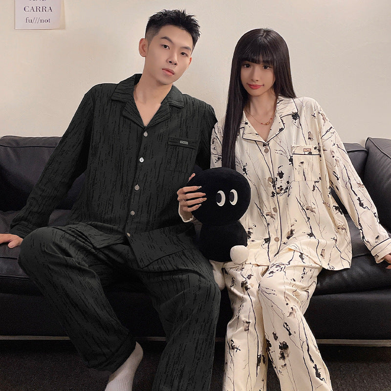 Two piece set of couple pajamas, lapel collar, couple home clothes