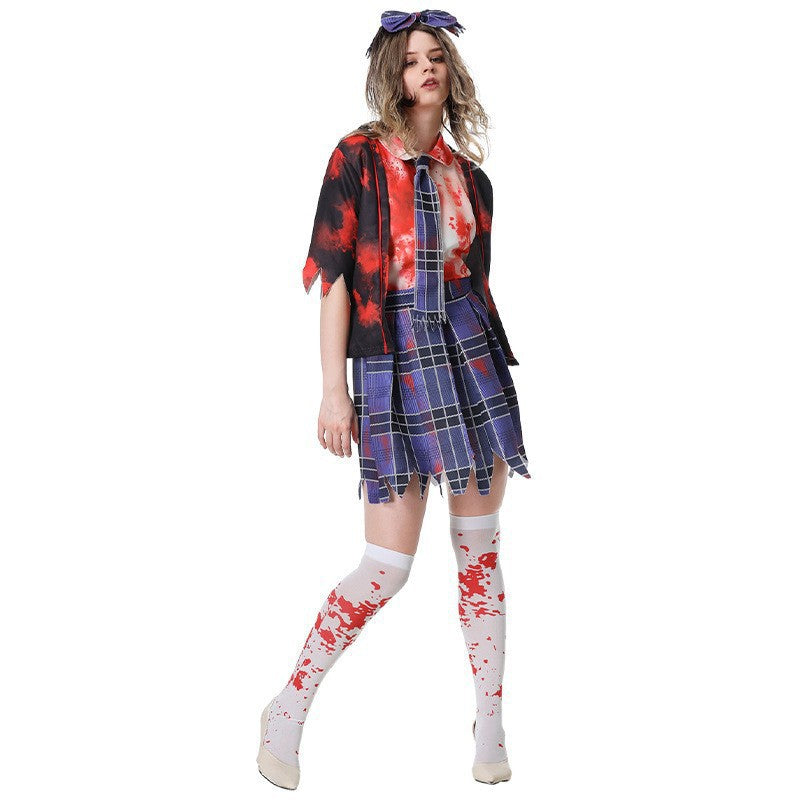 Bloody Vampire Zombie Schoolgirl Costume for Women, product photo 4 on a white background