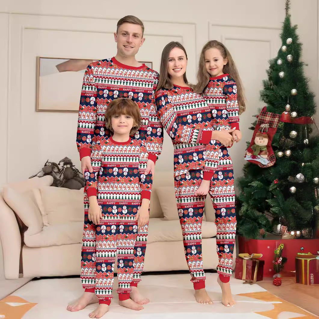 Christmas Family Matching Pajamas Snowman Deer Print Full Floral Home Wear Couple Sleepwear Set