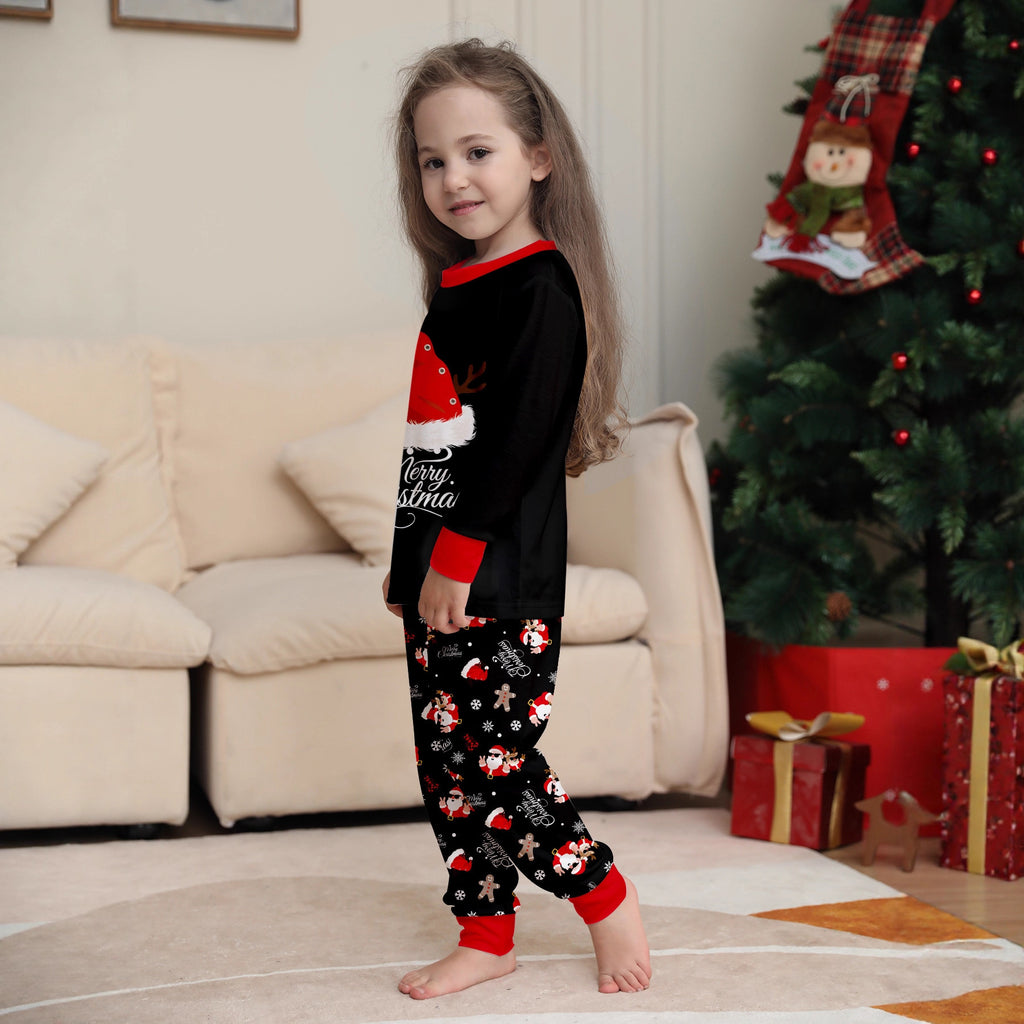 Family Christmas Matching Outfits  Black Pajamas with Reindeer Antler Letter Print and Santa Hat